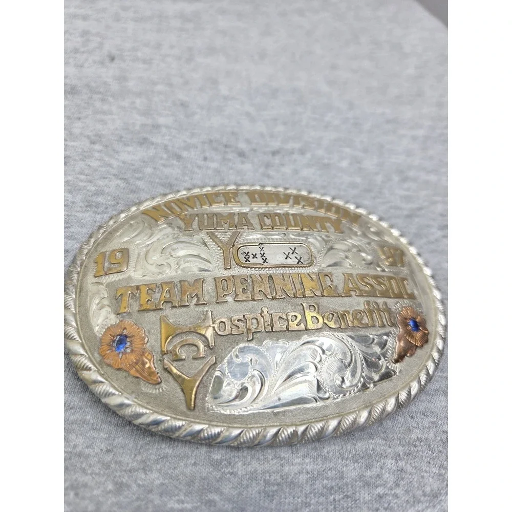 Vintage 1997 Red Bluff Buckle Co Novice Penning Rodeo Ruby Stone Belt Buckle